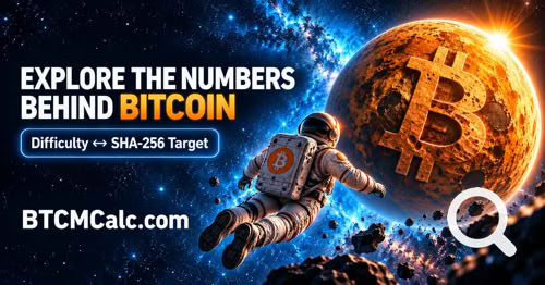 Astronaut floating toward a glowing Bitcoin planet, with BTCMCalc.com branding.