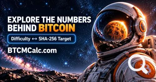 Astronaut helmet reflecting a Bitcoin planet, with BTCMCalc.com branding.