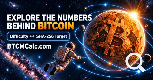 Astronaut beside a Bitcoin planet with blue orbital rings, with BTCMCalc.com branding.